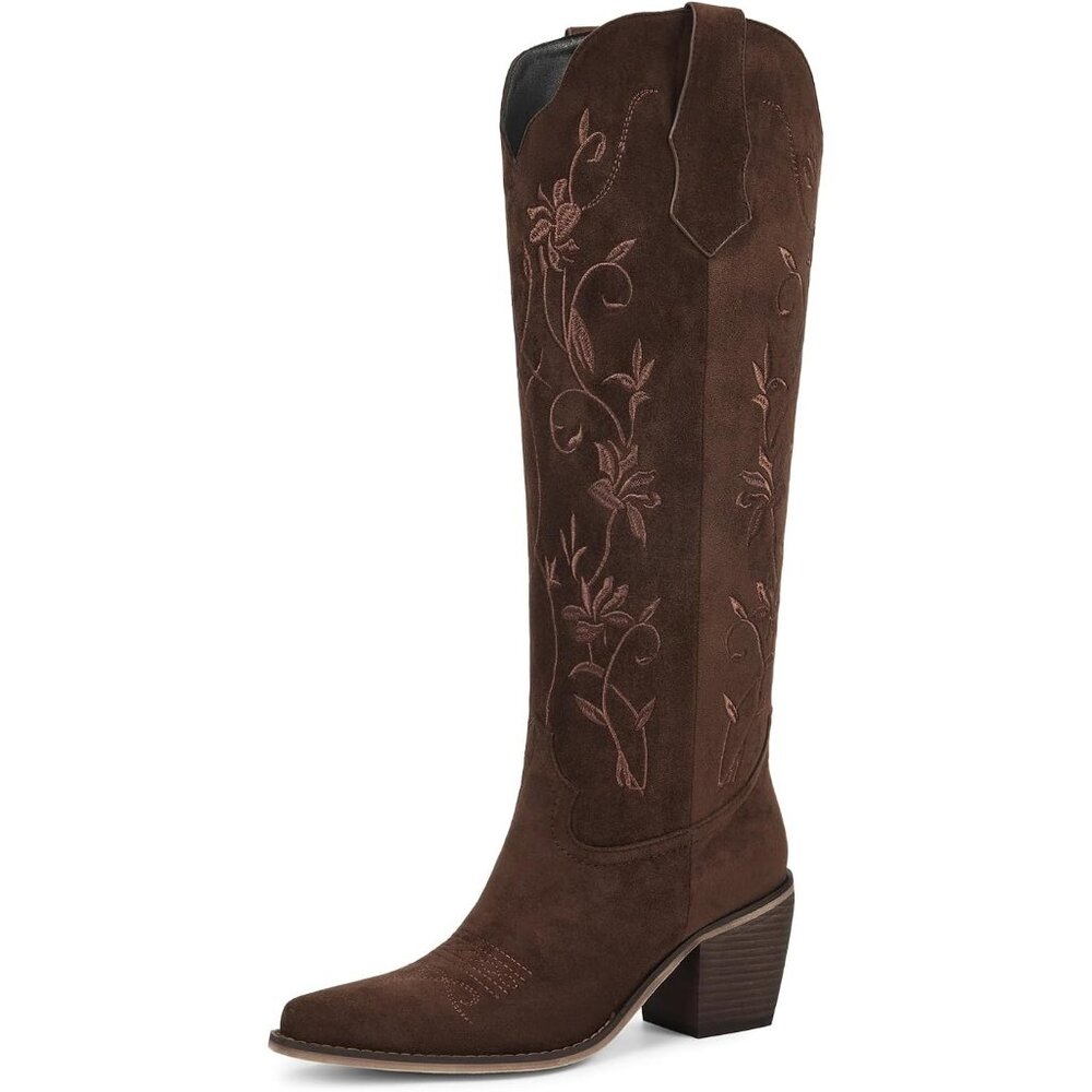 Women's Chocolate Boots Knee High Cowgirl Boots With Pointed Toe Chunky Heel